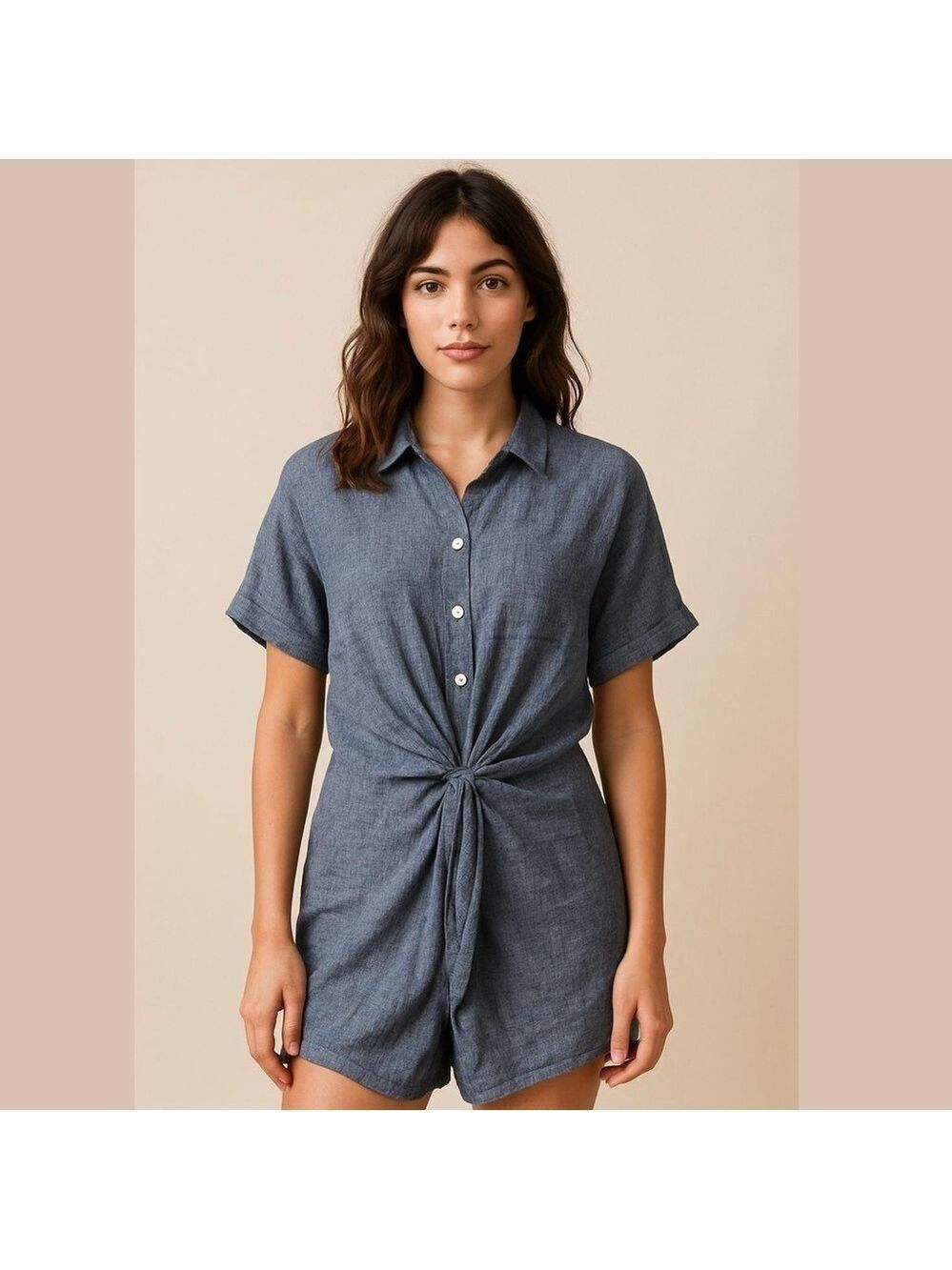 Carlson Chambray Linen Button Up Top Tunic Twisted waist front Blue Sz medium